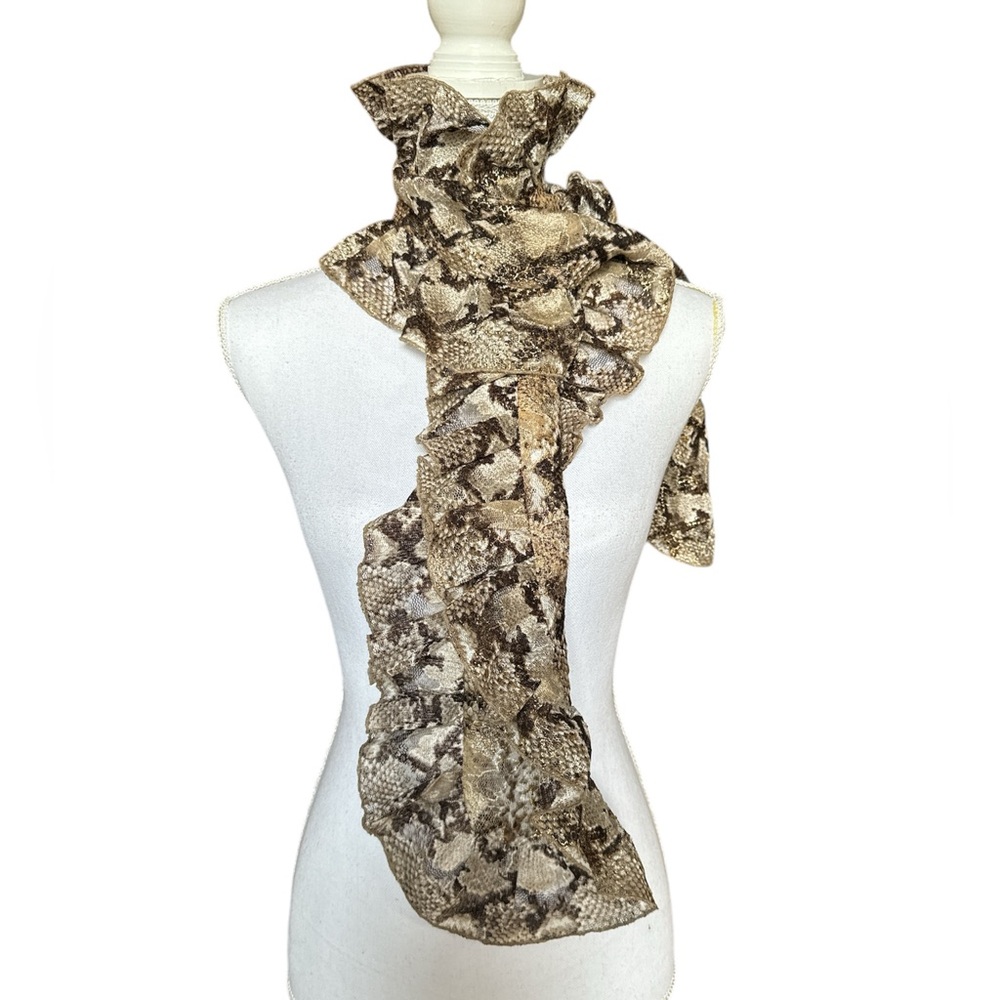 Chico’s snakeskin print ruffle fashion scarf brown tan metallic gold